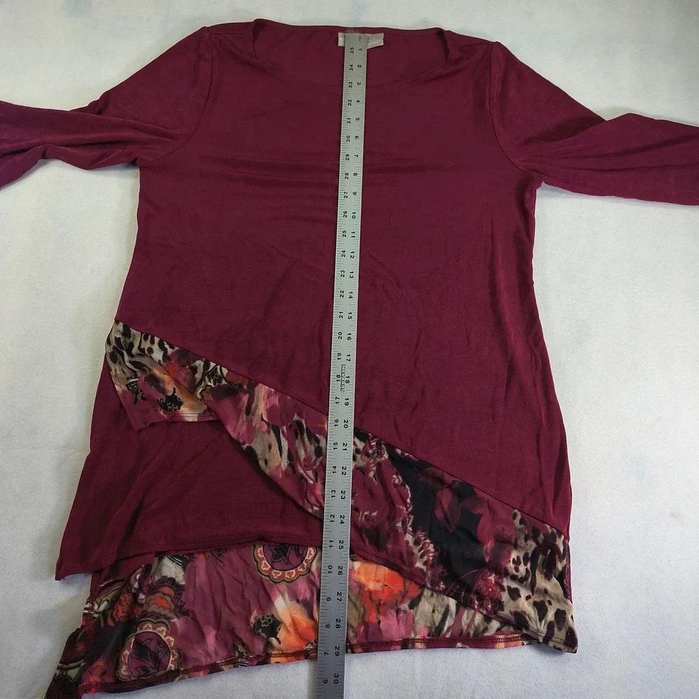 Chico's Asymmetrical Tunic Top Red Floral Chiffon Hem‎ 3/4 Sleeve Blouse Size M